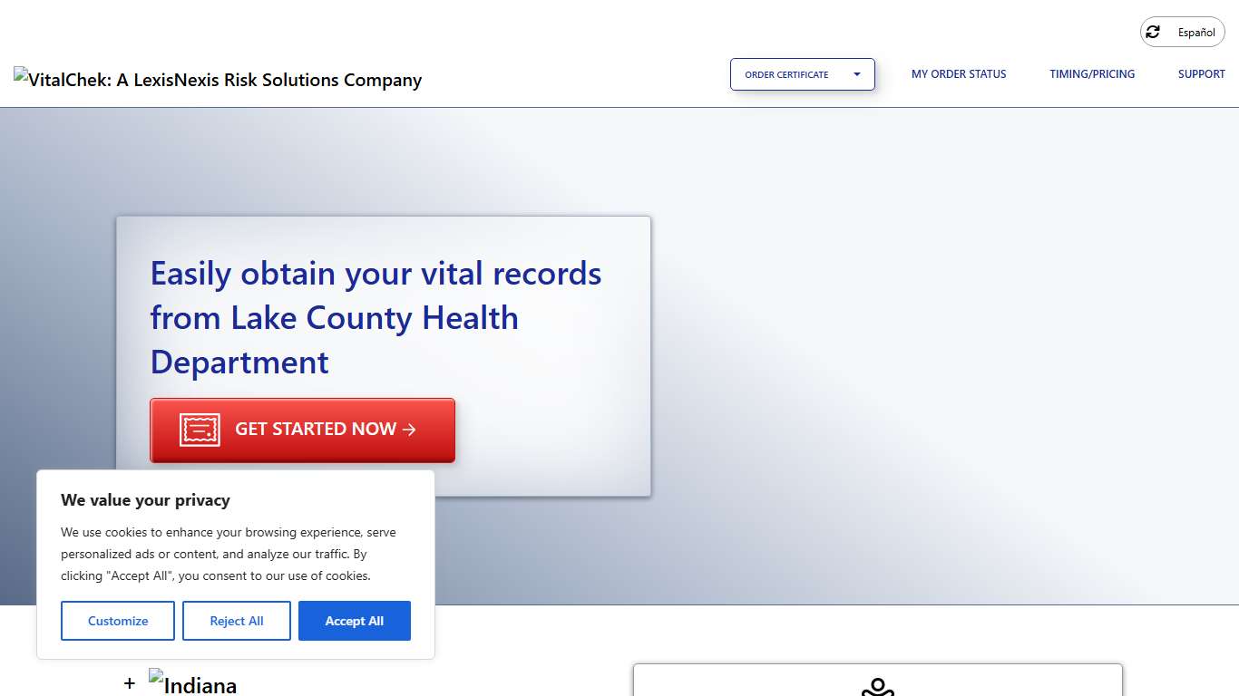 Lake County Health Department (IN) | Order Certificates - VitalChek